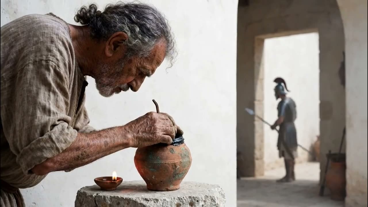 A craftsman seals a clay jar holding a copper cylinder and an iron rod
