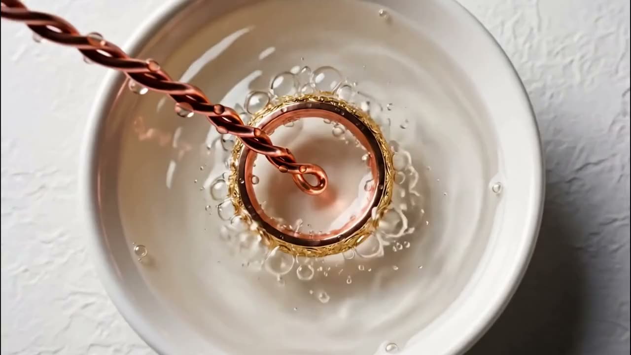 A copper wire leads into a dish where a ring sits in bubbling liquid
