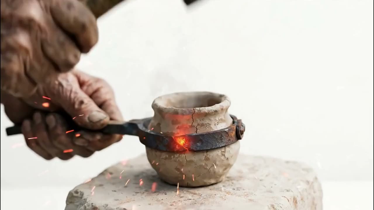 Hands grip an iron band around a small clay vessel on a stone