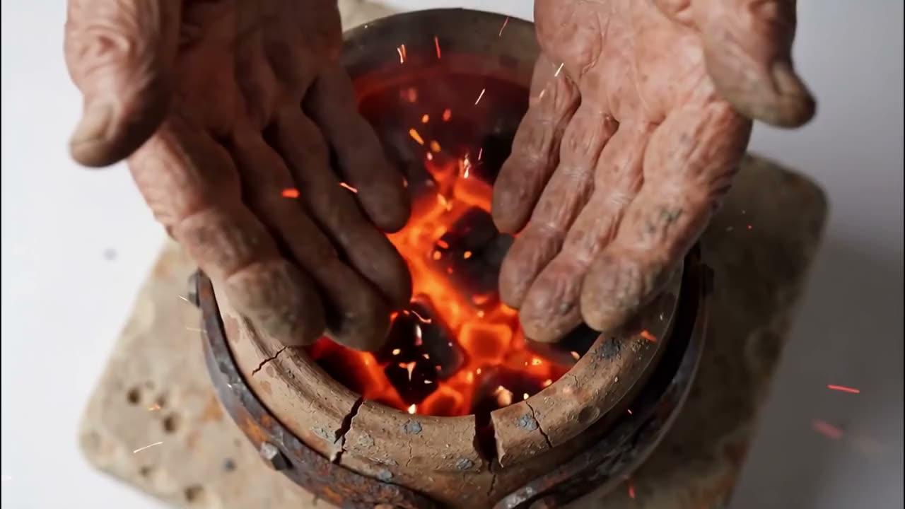 Hands warm themselves over embers inside a banded clay vessel