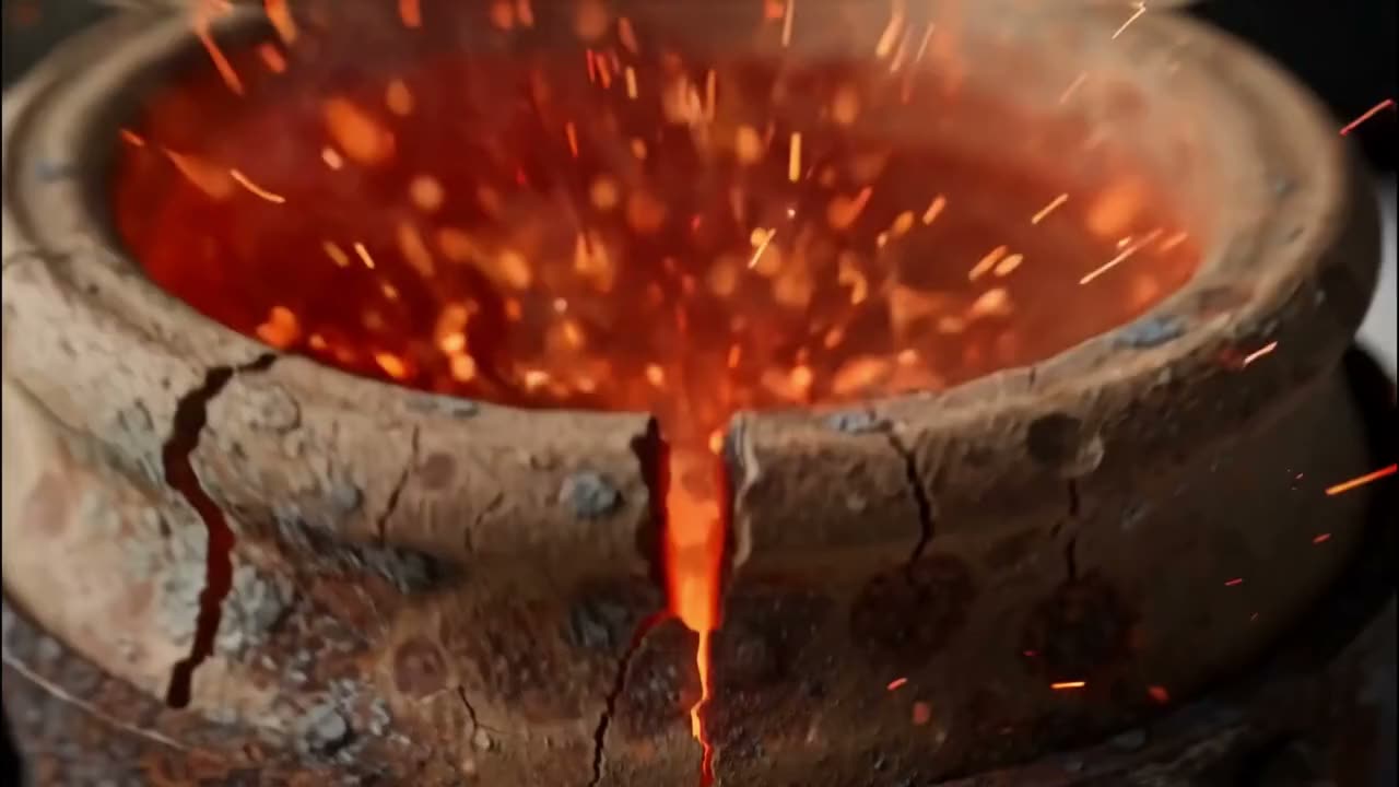 Molten light runs through a crack in the side of the clay vessel