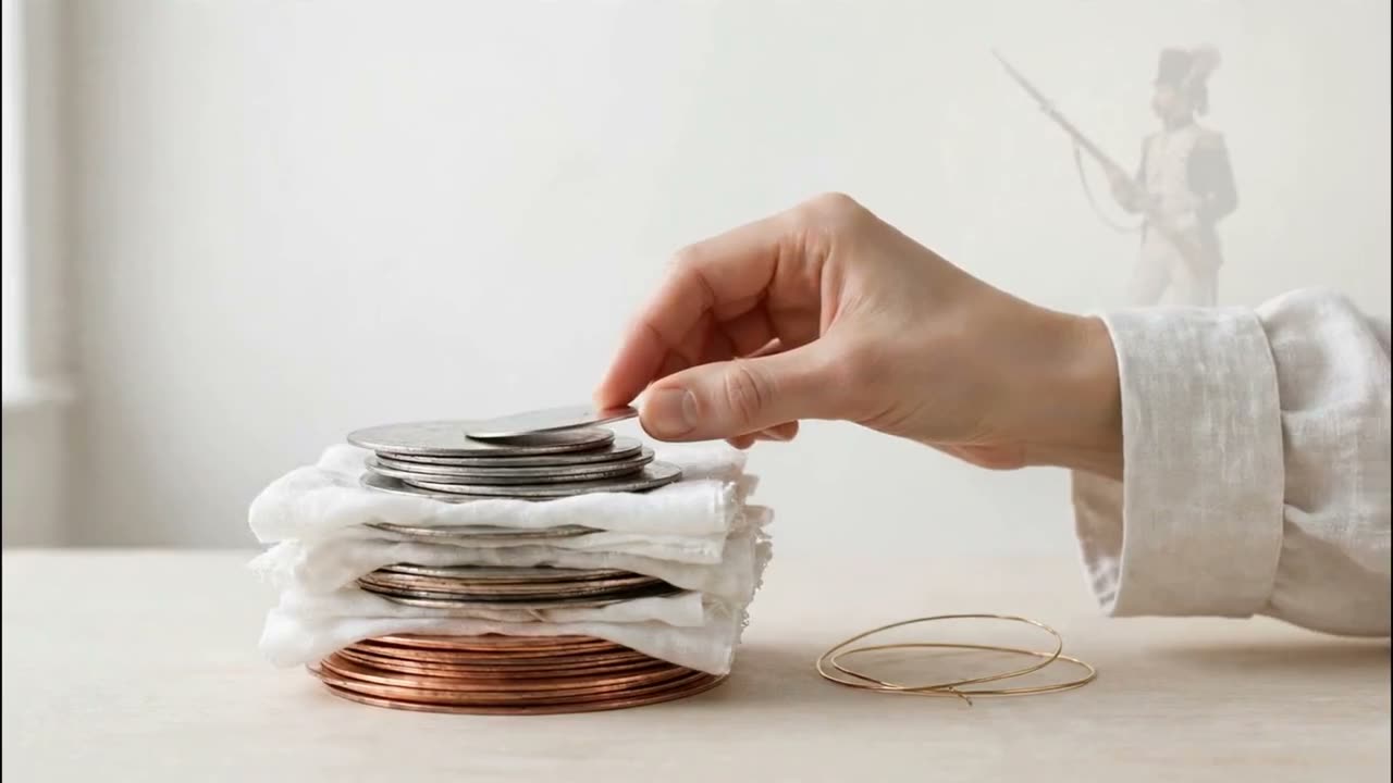 A hand stacks metal discs separated by damp cloth into a pile