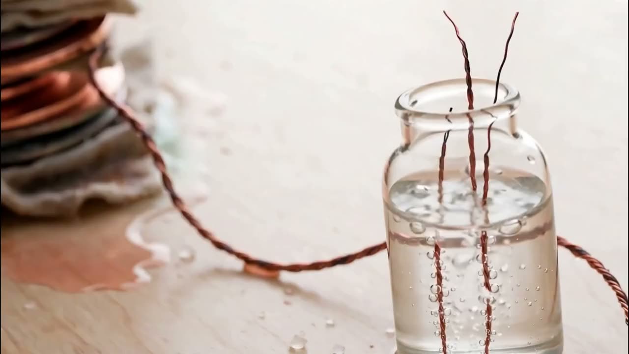 Wires from the pile run into a jar of water streaming with bubbles