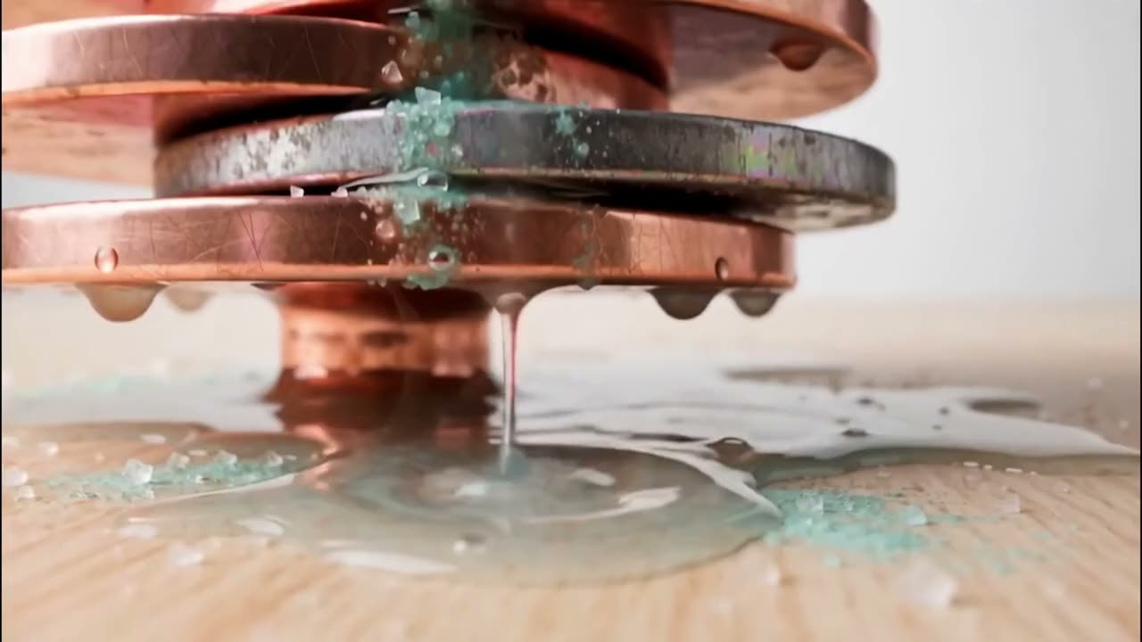 Green corrosion crusts the discs as brine drips onto the table