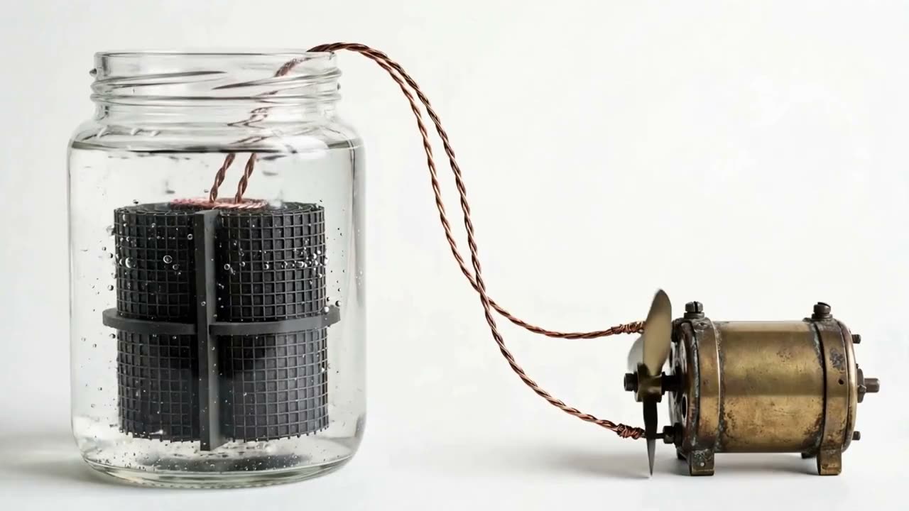 A glass jar of plates wired to a small brass motor