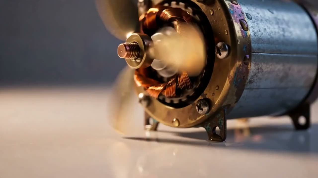 A small motor spins on the stored charge