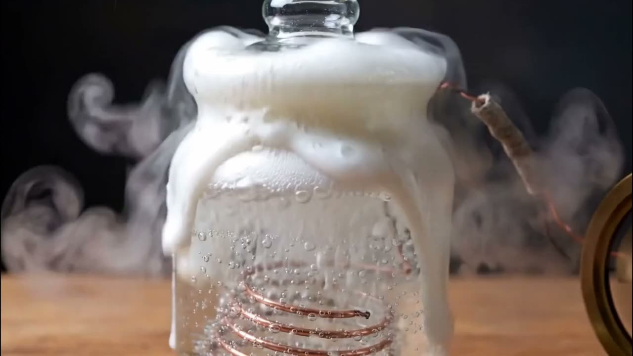 The jar foams and gasses over, spilling onto the table