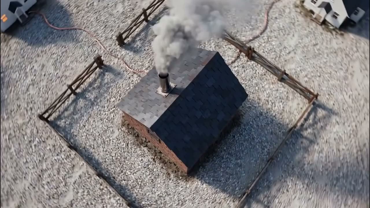 A small brick battery house inside a fence, far from the homes