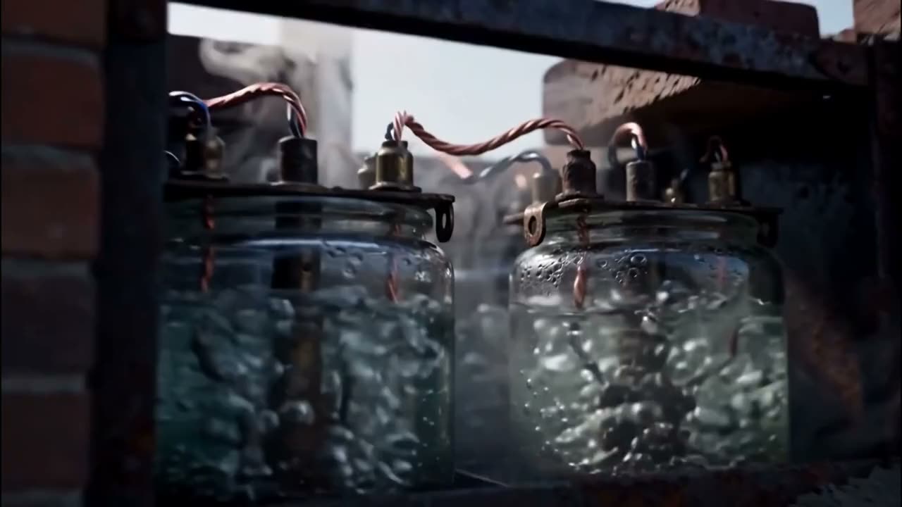 Glass cells wired together inside the battery house