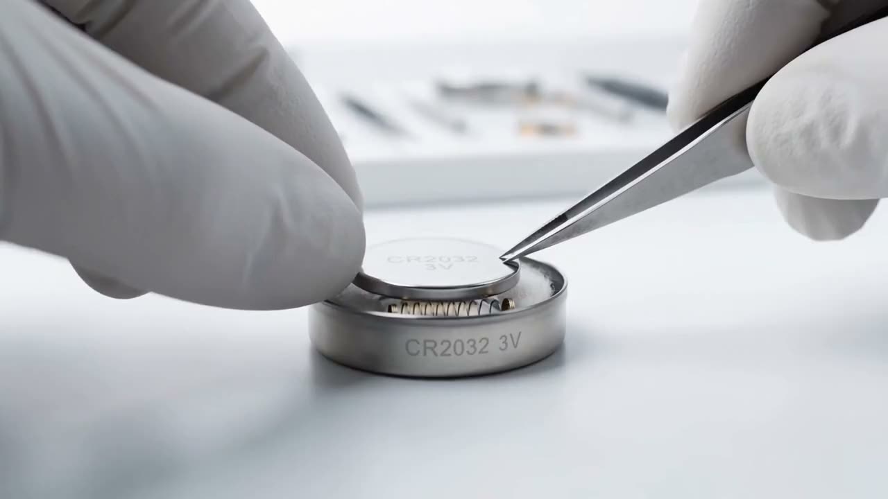 Gloved hands and tweezers assemble a small coin cell