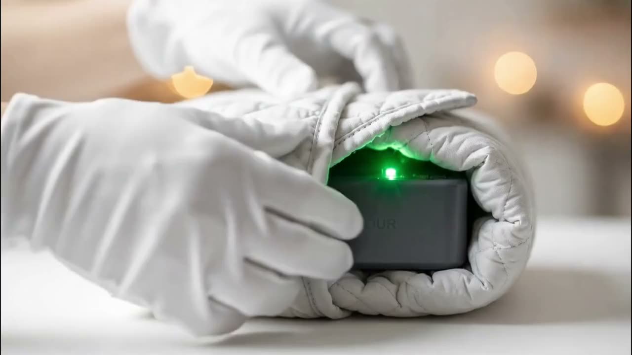 Gloved hands wrap a quilted thermal blanket around a battery module