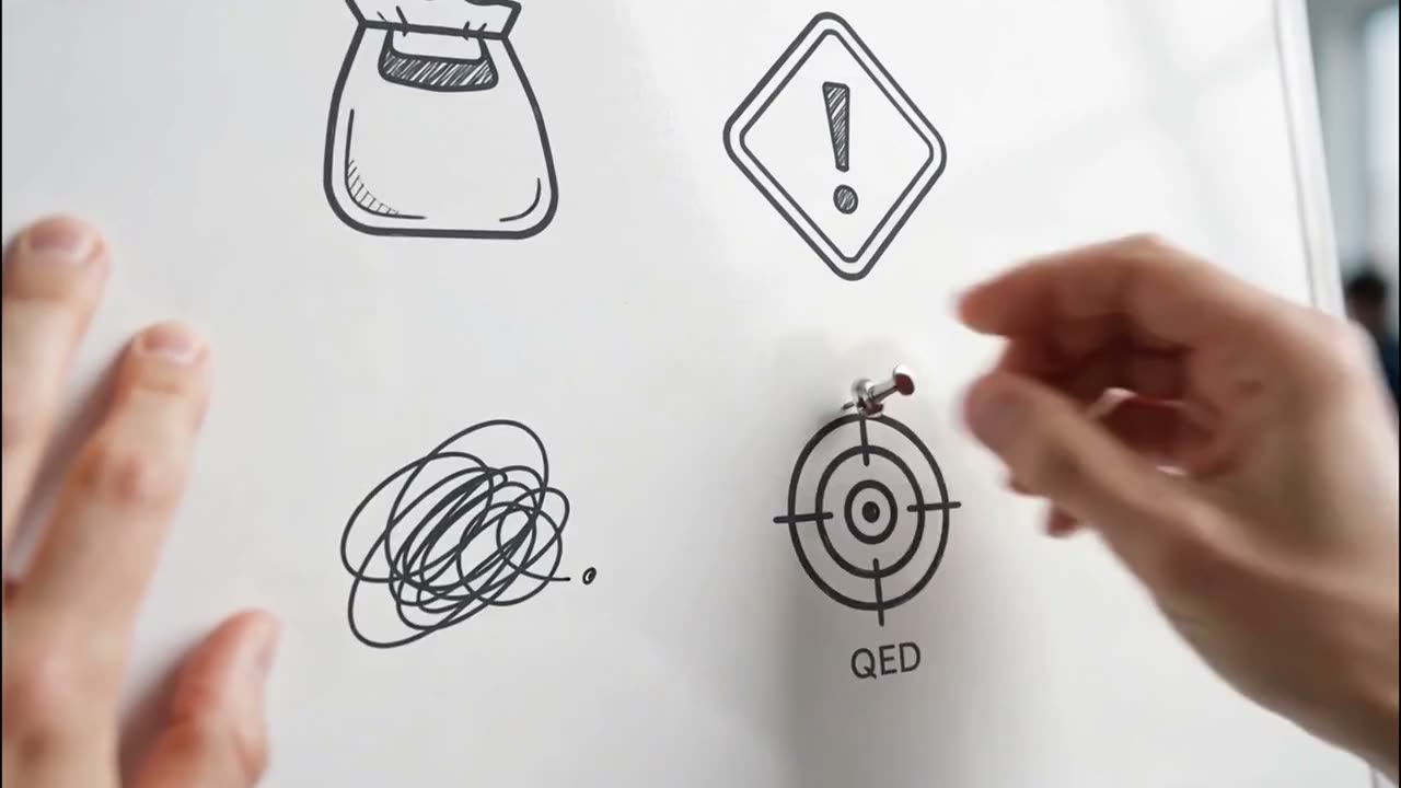 Hands pin four sketched icons to a whiteboard