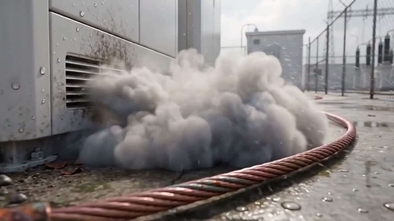 Smoke pours from a container vent beside a heavy cable