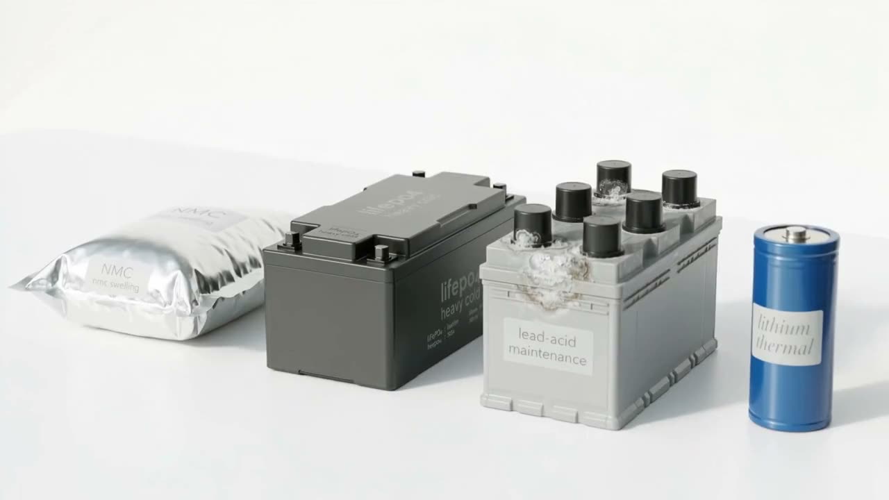 A pouch cell, a black module, a lead-acid battery and a cylindrical cell in a row