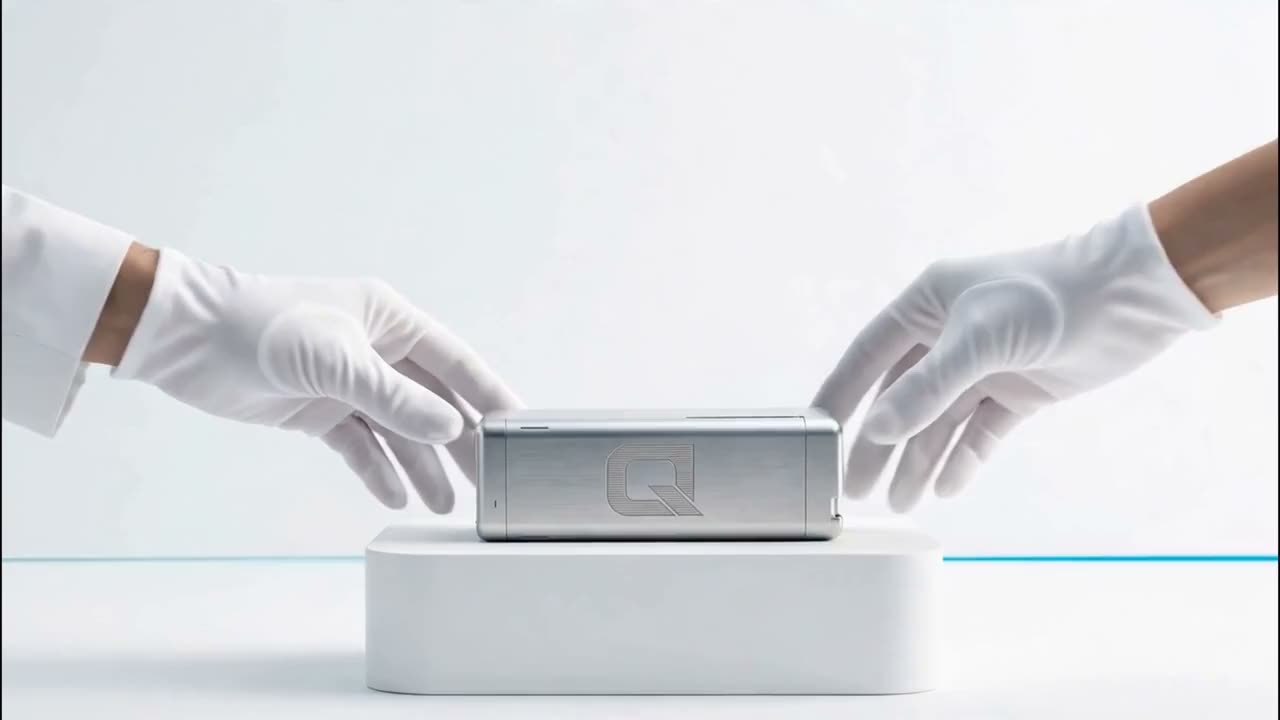 Gloved hands set the unit on a plain white plinth