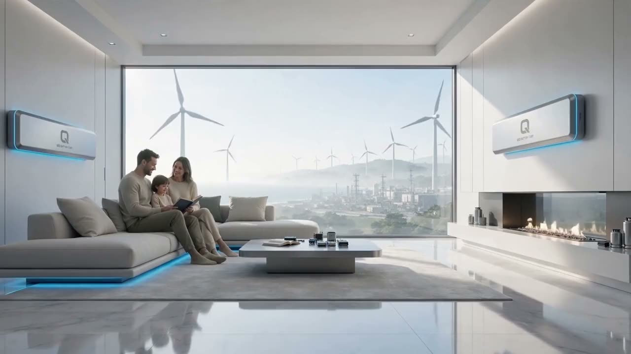 A family on a sofa with slim units on the living-room walls