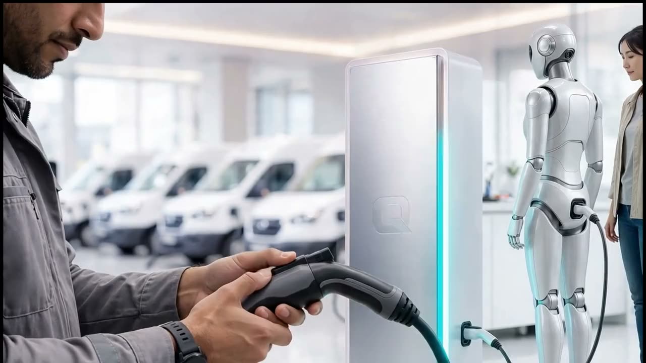 A technician holds a charging connector beside a tall unit and a humanoid robot