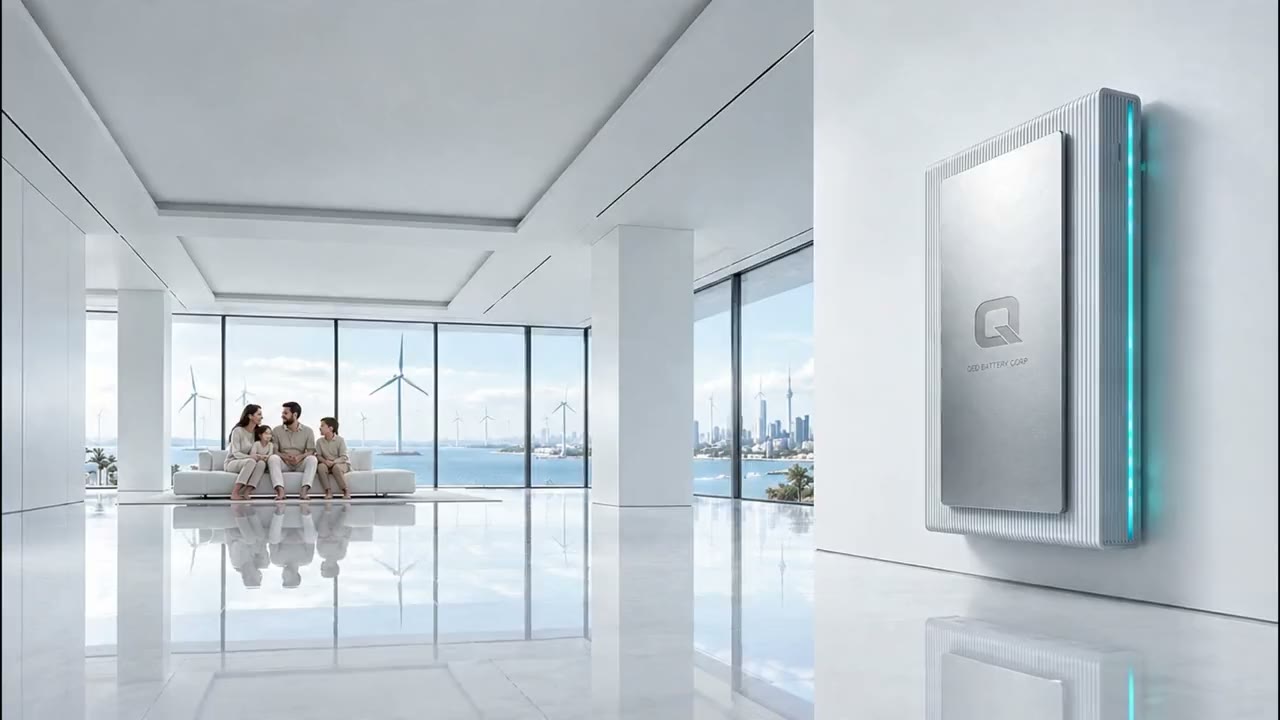 A white QED storage unit on the wall of a bright living space, concept visualisation