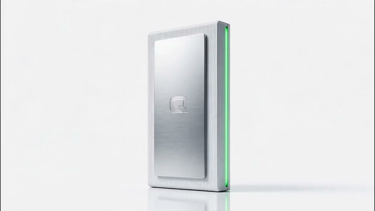 The closed QED unit standing upright on a white floor, concept visualisation