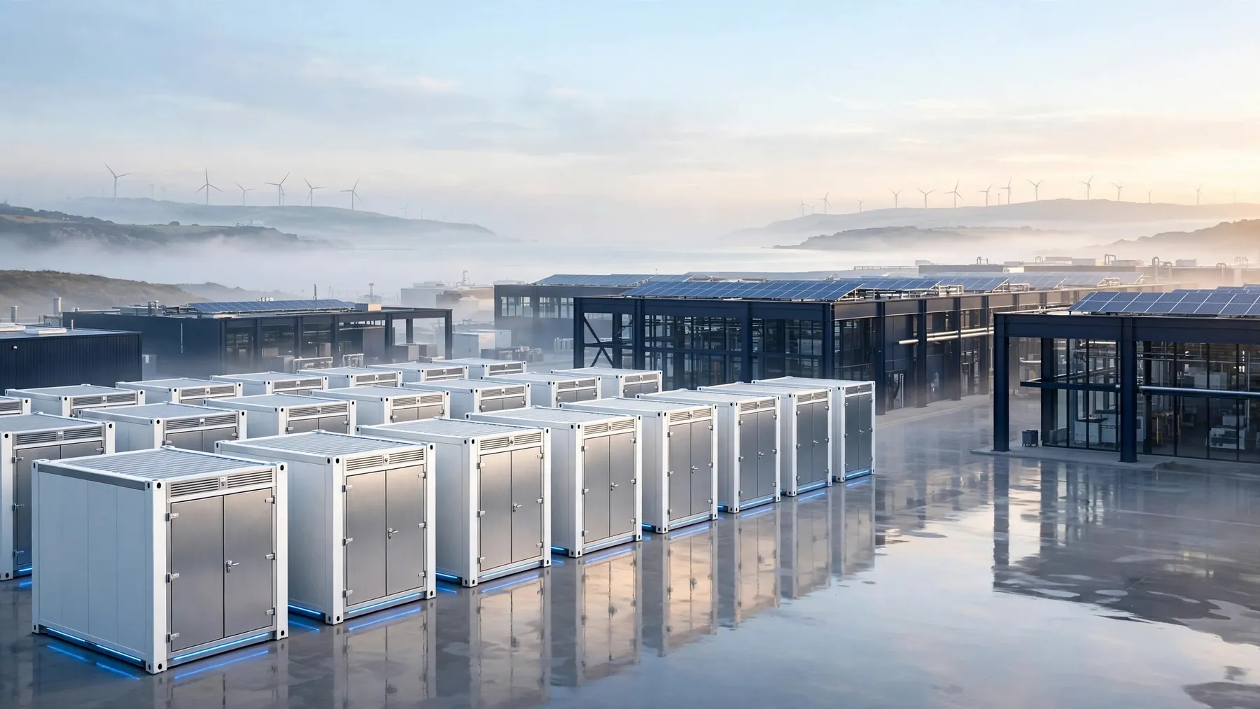 Rows of white container-scale storage units on a wet plaza at dawn, with wind turbines on the hills beyond, concept image