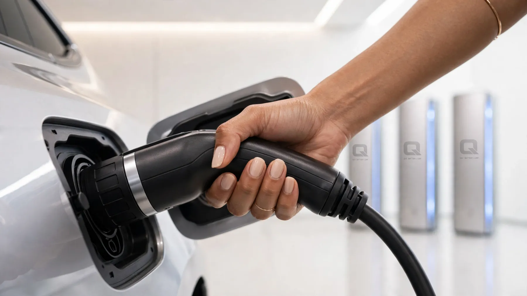 A vehicle charging beside storage units