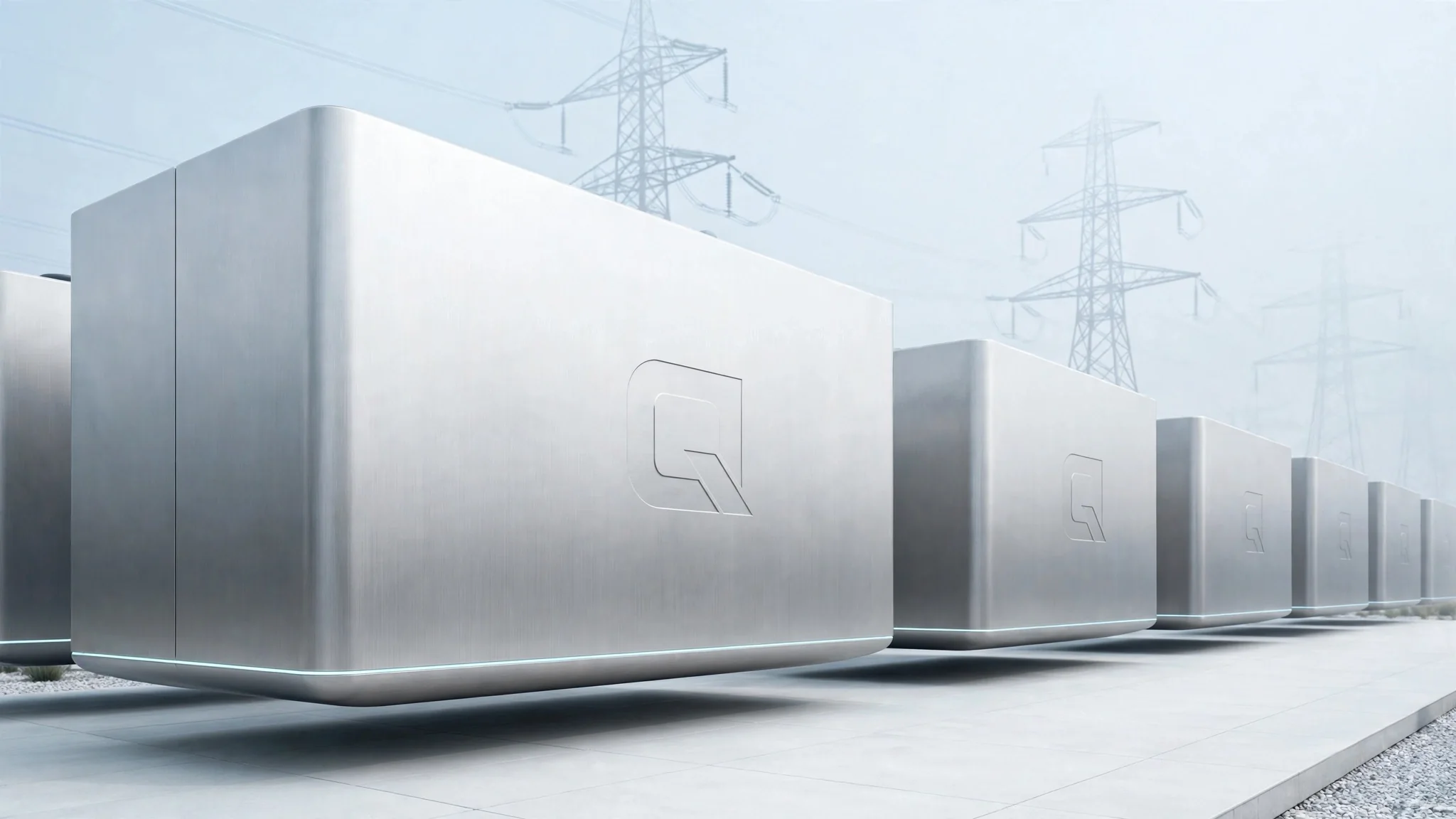 Brushed-steel QED storage containers in a row beneath high-voltage power lines, concept illustration