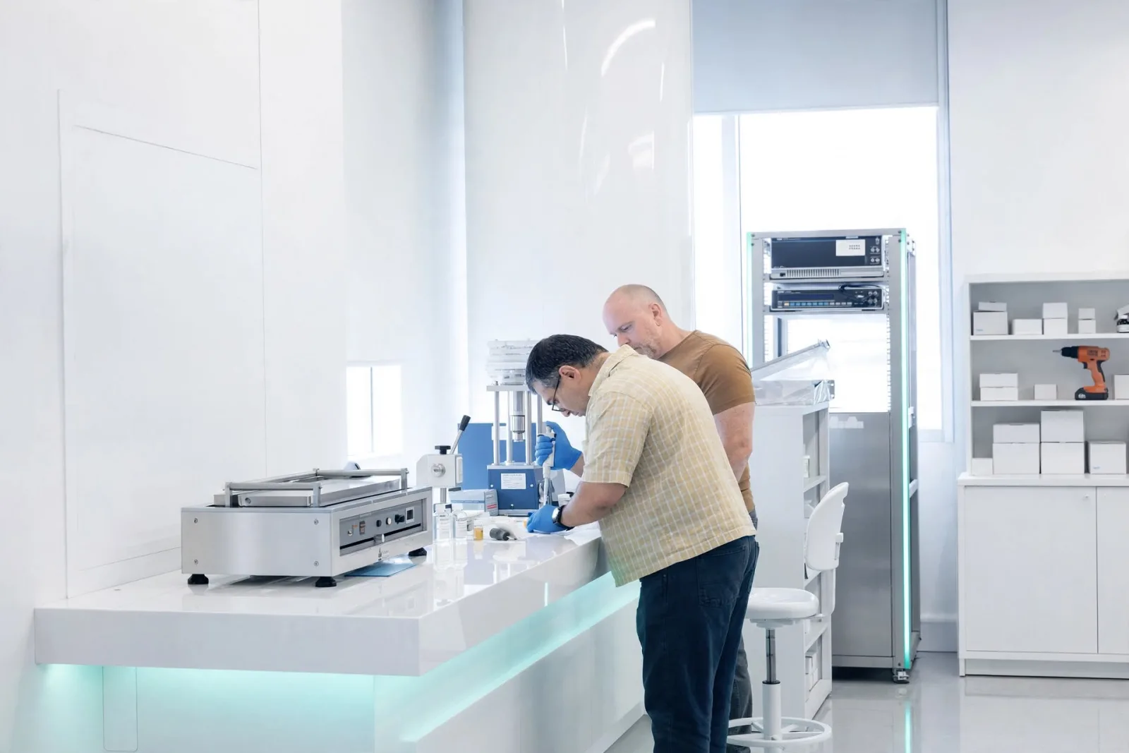 Two members of the QED team working at a white laboratory bench beside test equipment